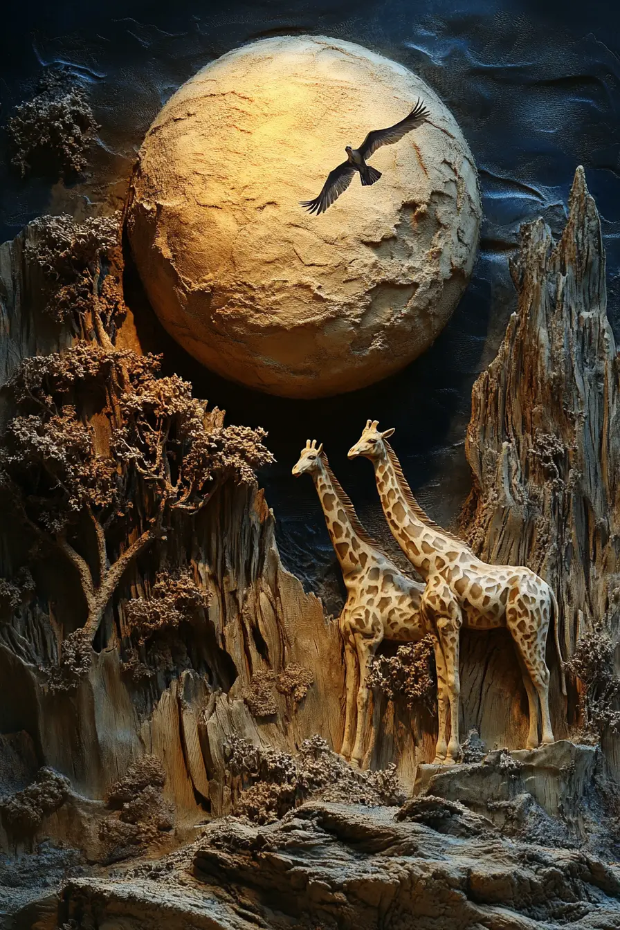 Giraffe pacifiche sotto la luna piena in una scena rocciosa notturna