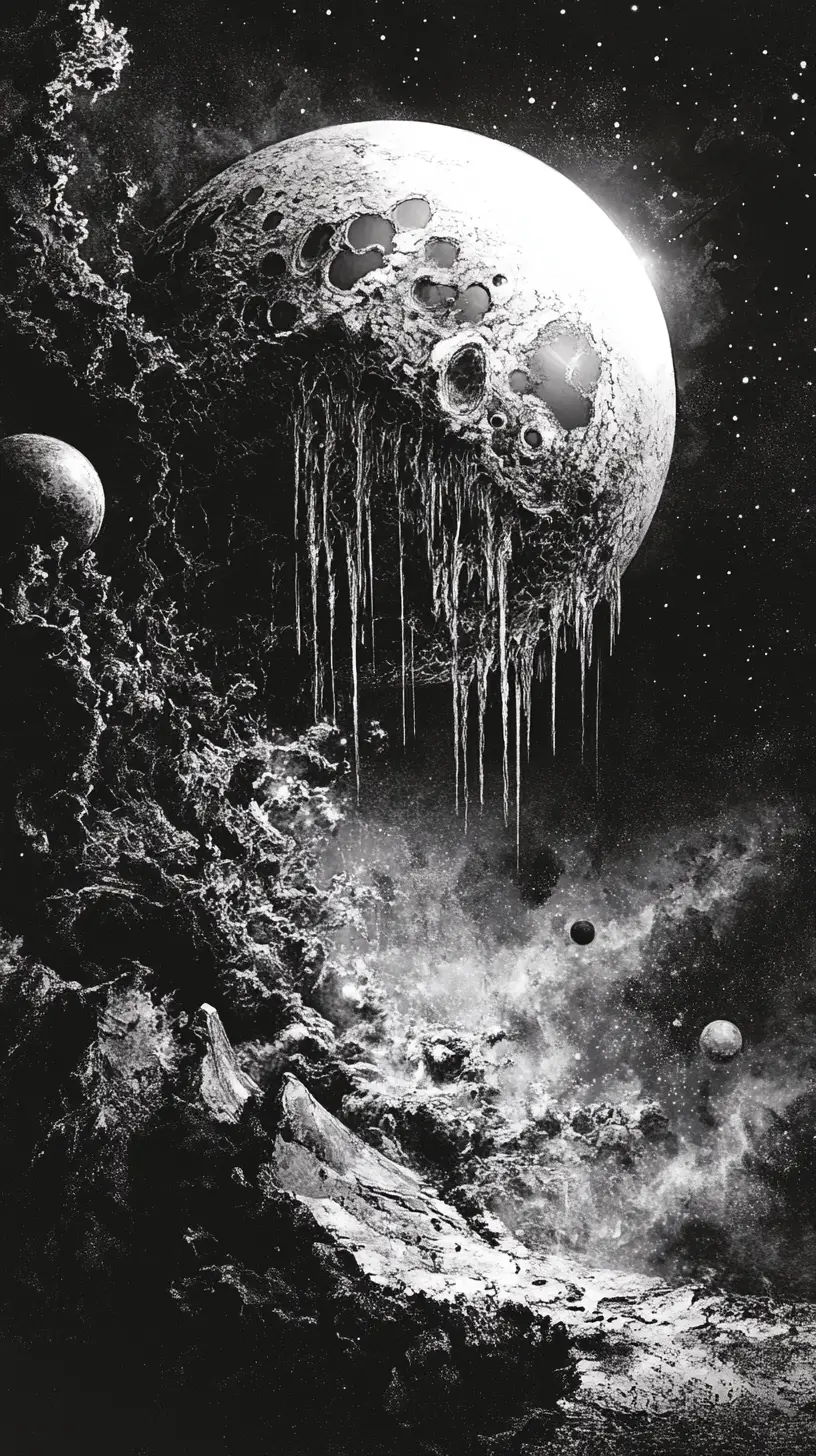 Himmelskörper, die sich in surrealem kosmischem Raum nach innen falten