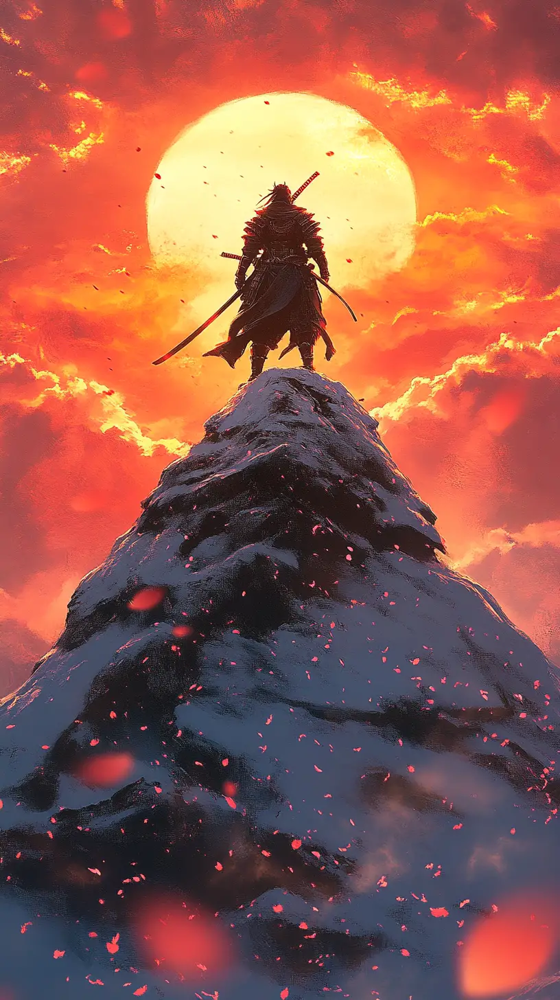 Samurai auf schneebedecktem Berg bei Sonnenuntergang mit Kirschblüten