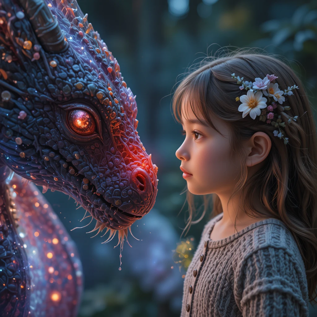 Fille regardant un dragon magique au nez rouge lumineux