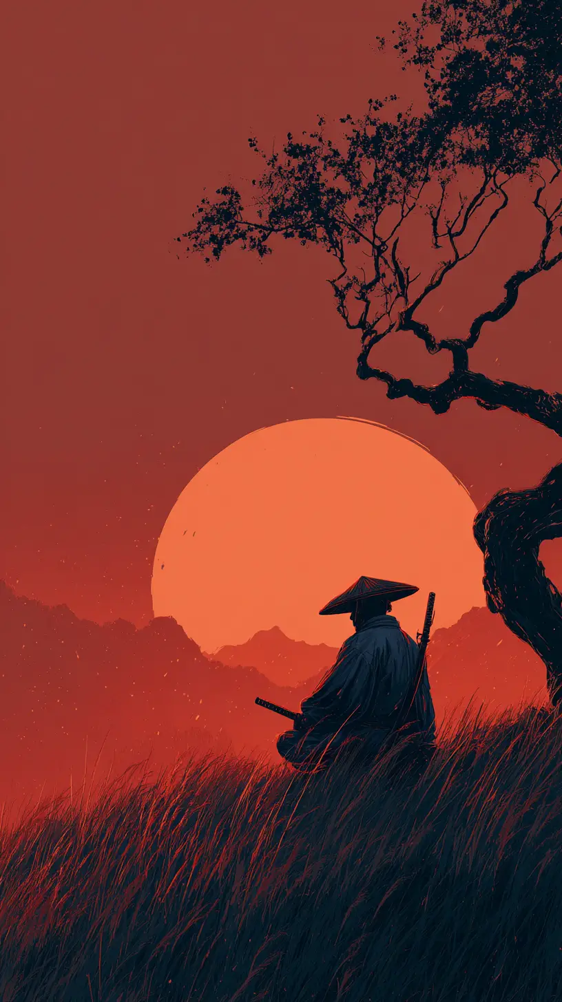 Einsamer Samurai als Silhouette unter einem weiten roten Sonnenuntergang