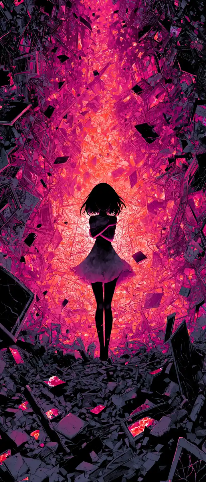 Anime girl protecting glowing glass fetus in ruins