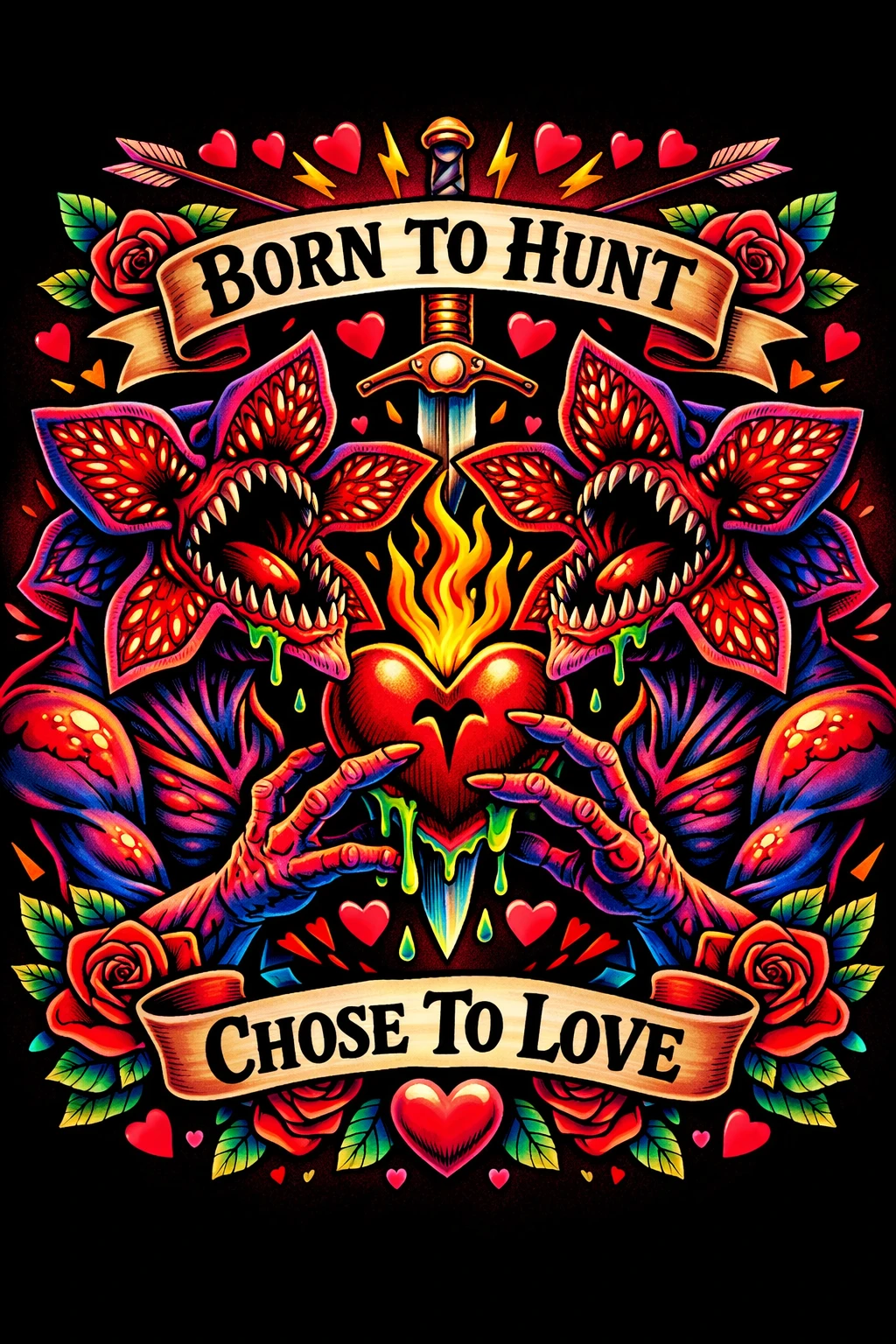 Design de Dia dos Namorados com demogorgon em estilo de tatuagem ousada e slogan