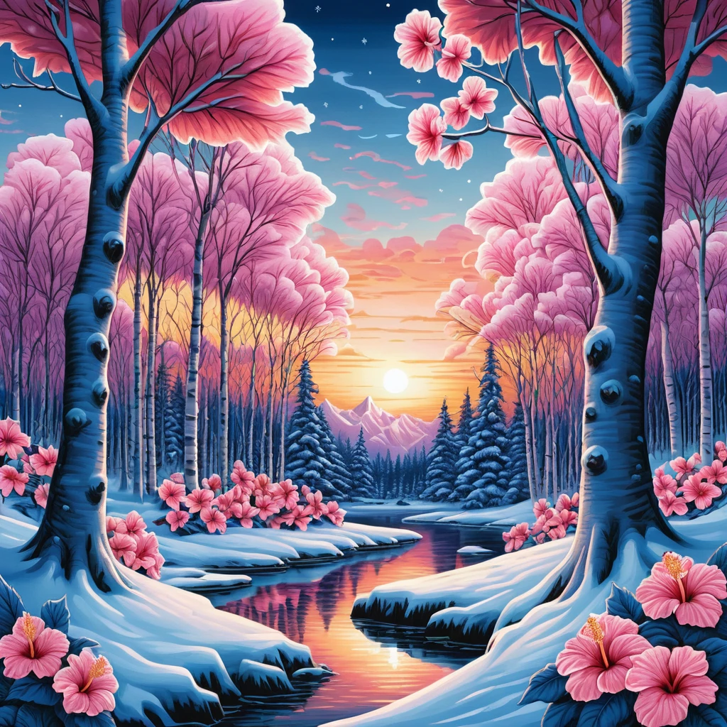 夕焼けの雪景色に立つ白樺と周囲に咲くハイビスカスの花