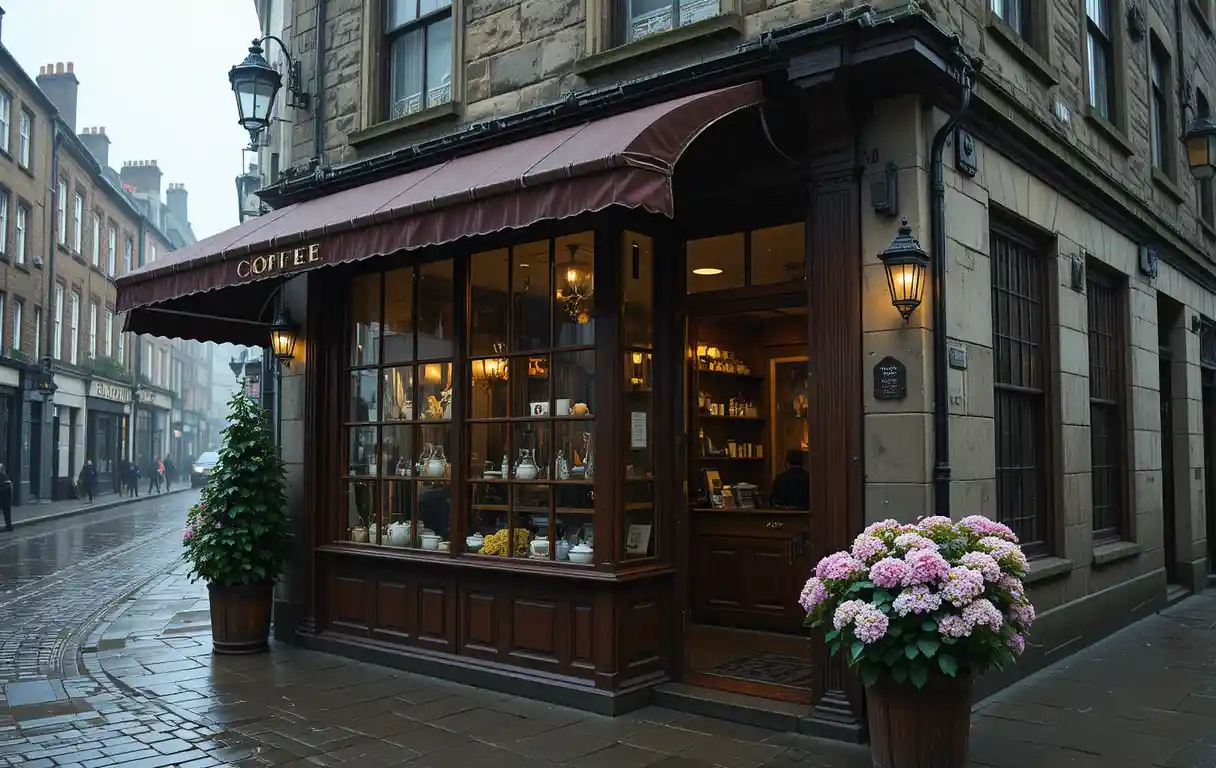 Rainy city street corner with a historic coffee shop
