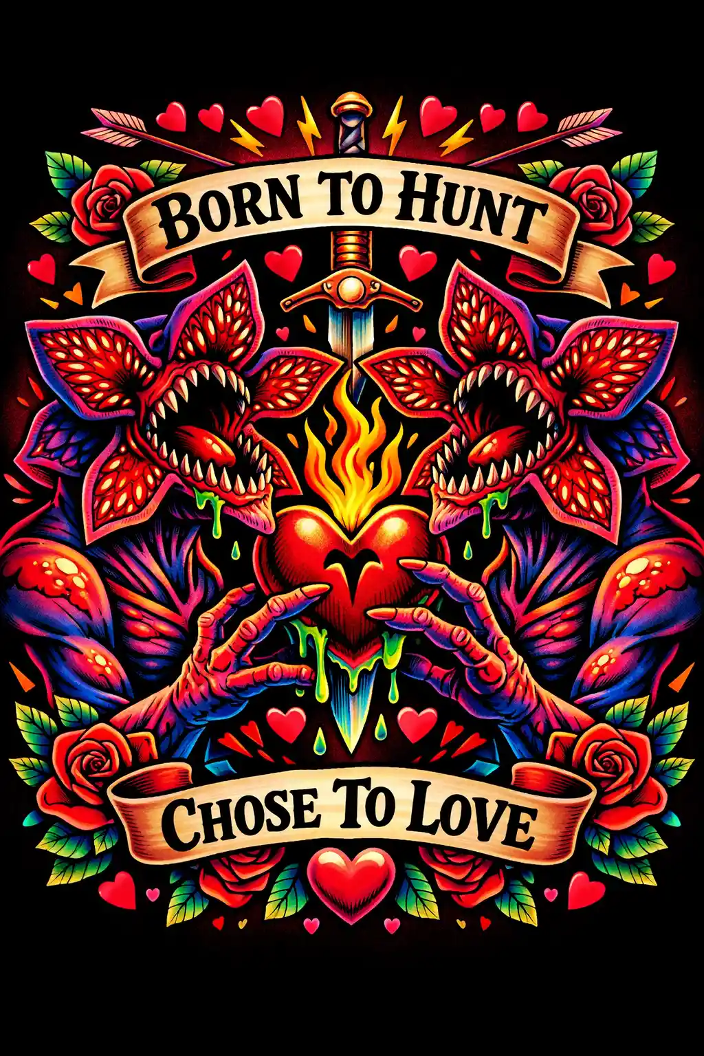 Design de Saint-Valentin audacieux avec demogorgon style tatouage et slogan