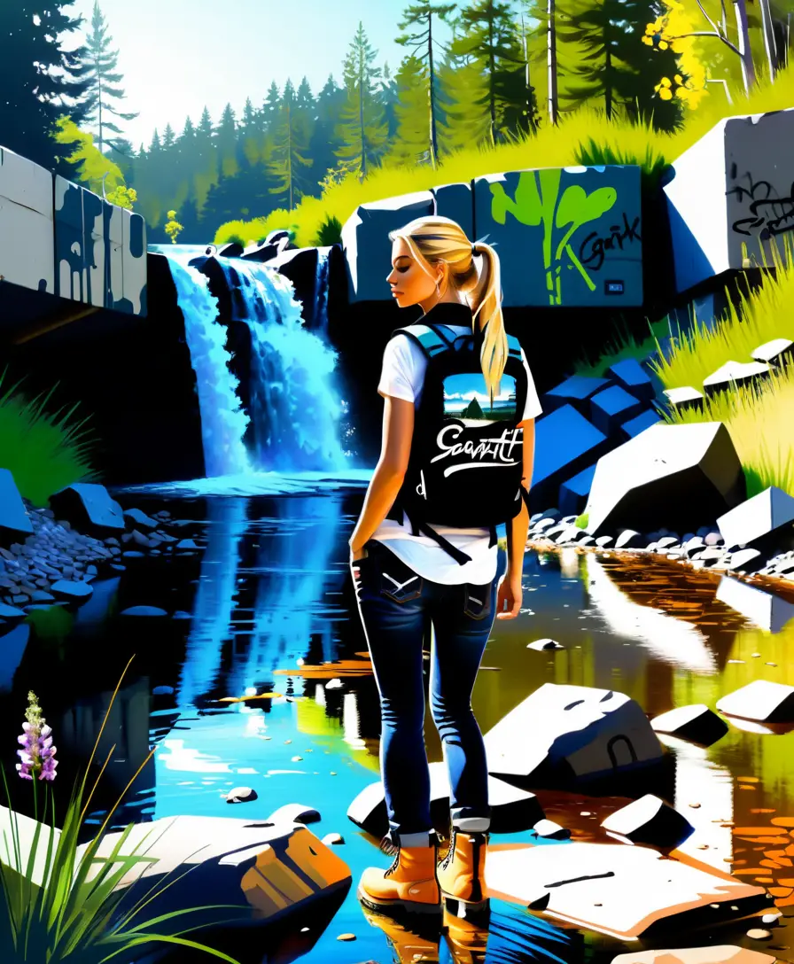 Blondes Mädchen, das an einem stillen Waldbach skizziert