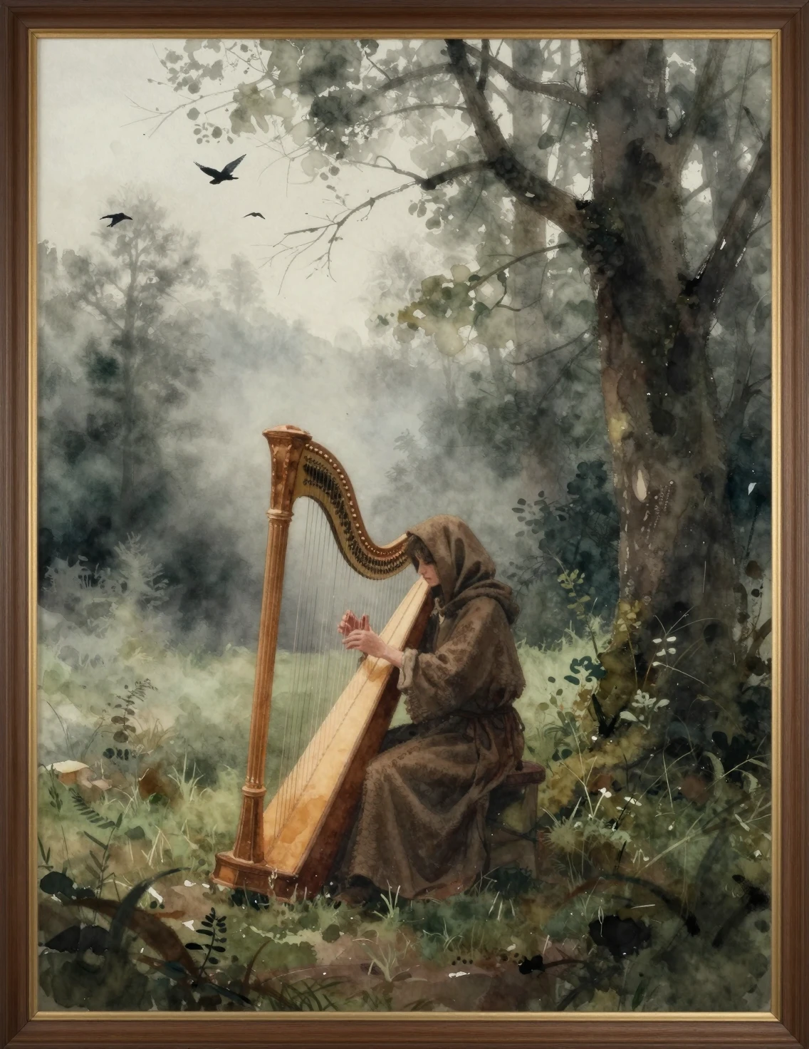 Figura solitária com manto tocando harpa em floresta enevoada
