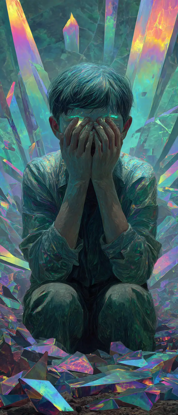在破碎倒影中握著明亮鏡片的男孩
