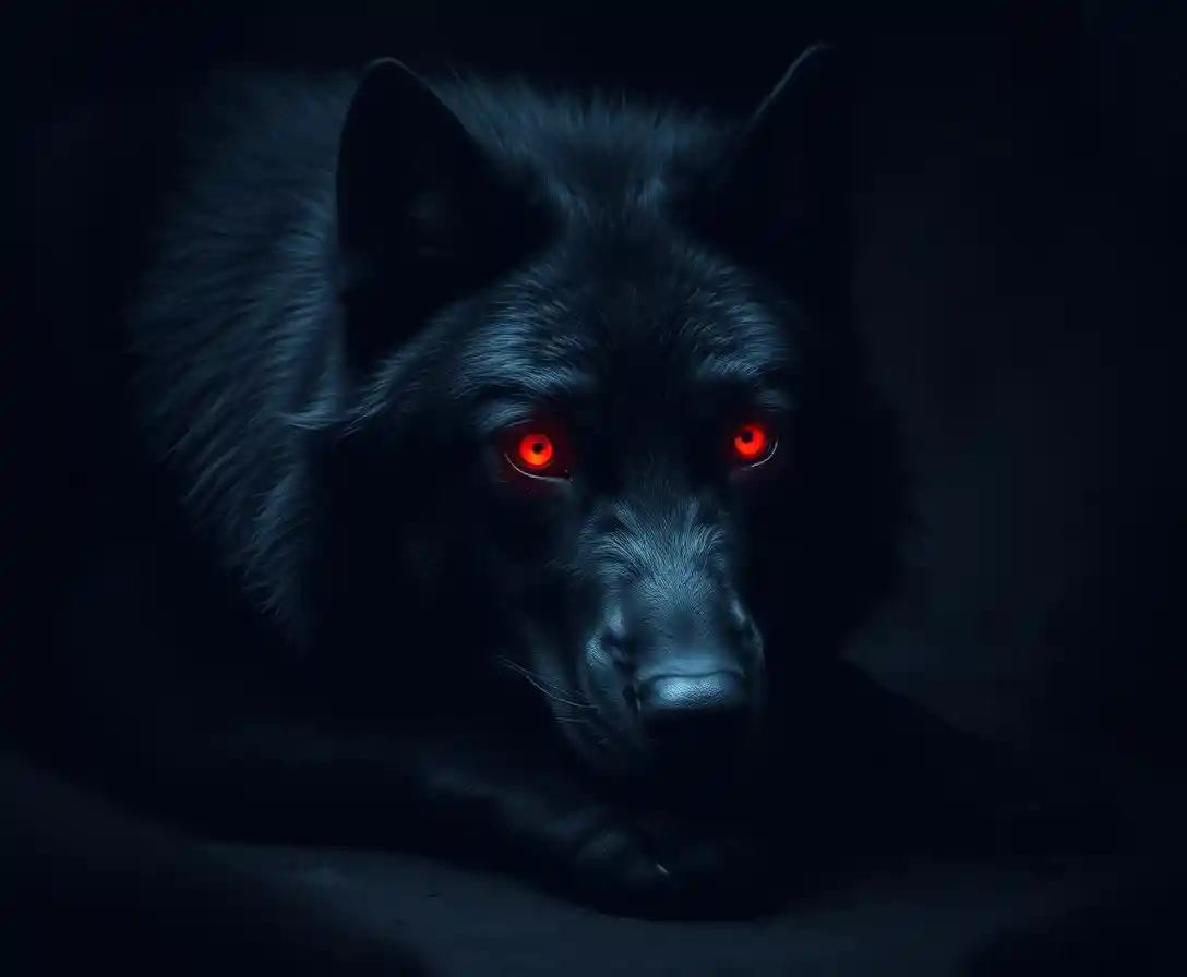 Lobo negro gigante com olhos vermelhos brilhantes em caverna escura