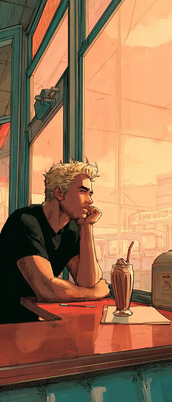 Young Man In Retro Diner With Milkshake At Counter