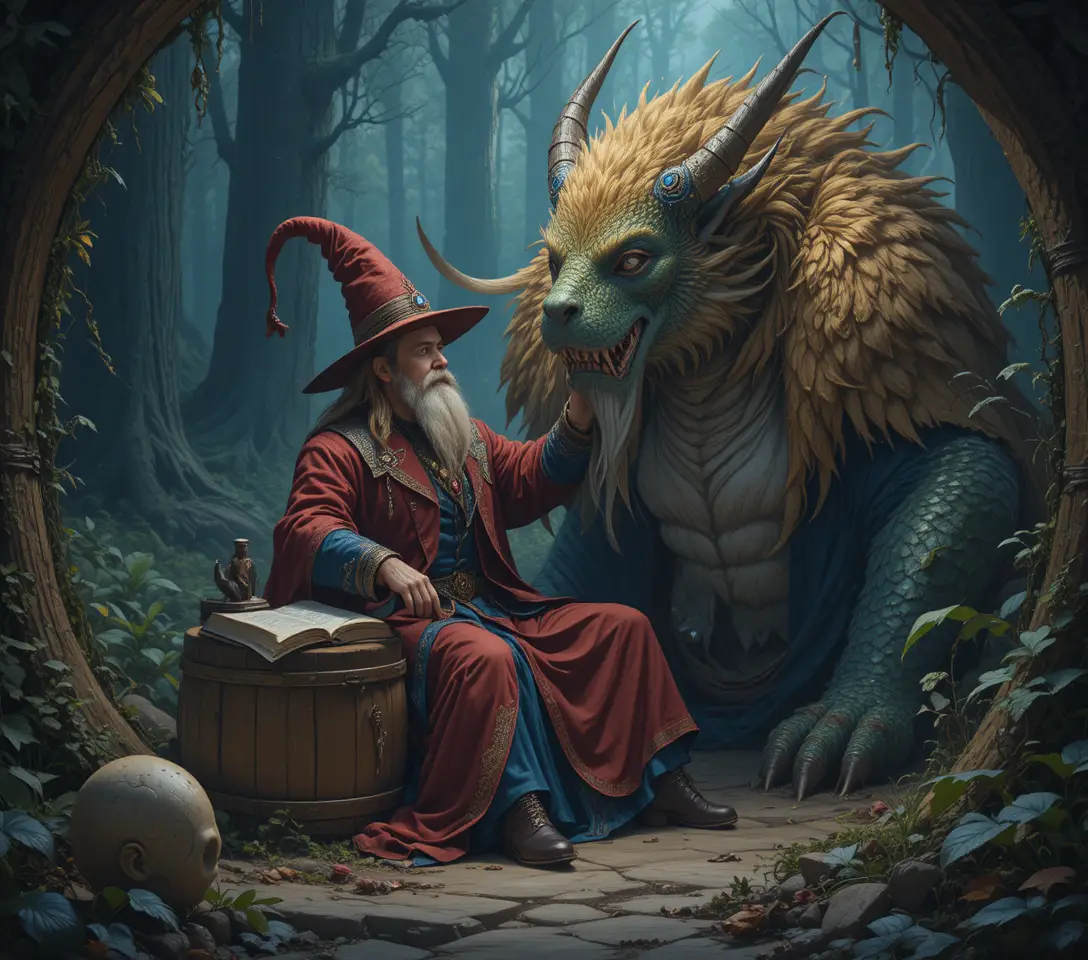 Old wizard in red robes at a mystical wooden lectern