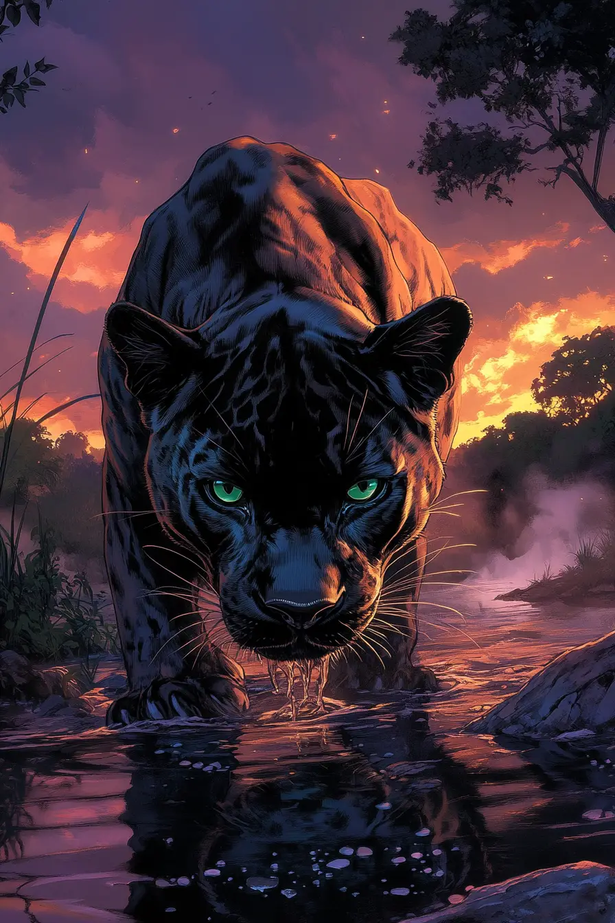 Schwarzer Panther trinkt bei Sonnenuntergang aus einem Fluss