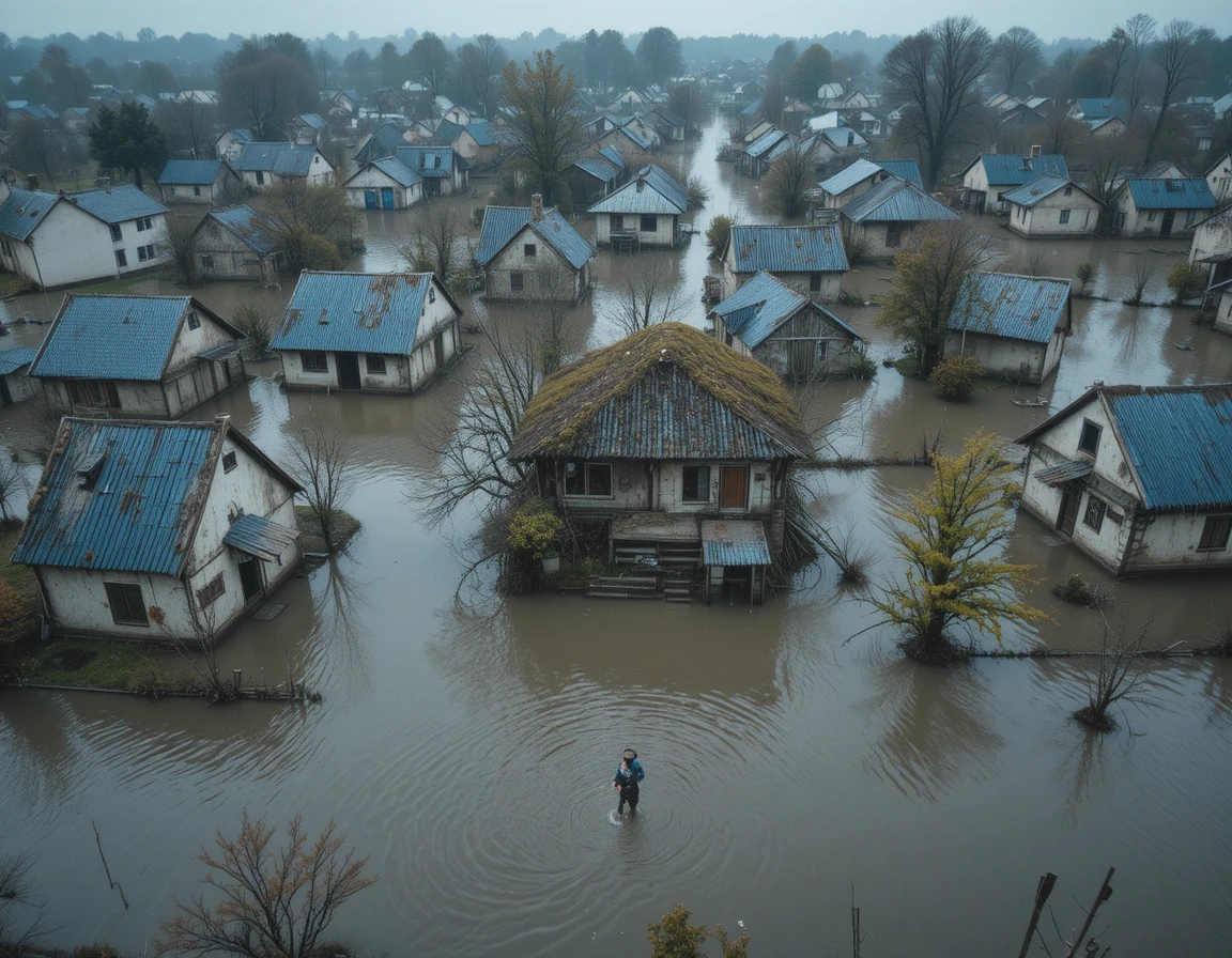 Vista aérea de casas inundadas em vila e figura solitária em evacuação