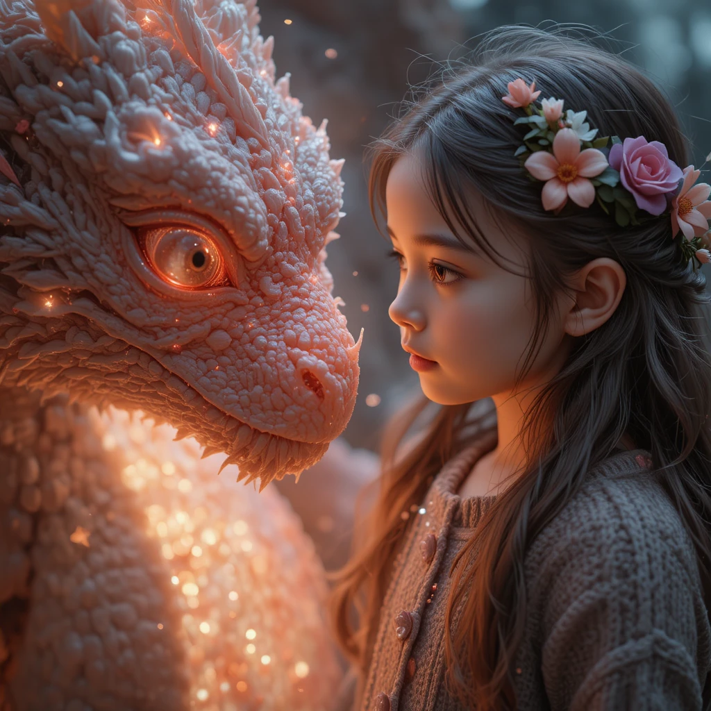Fillette Face à un Dragon Magique dans une Lumière Douce et Rêveuse