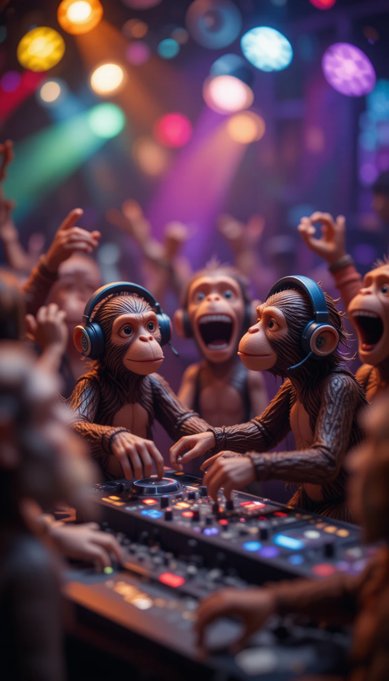 Miniatur-Spielzeugaffen als DJs unter bunten Disco-Clublichtern