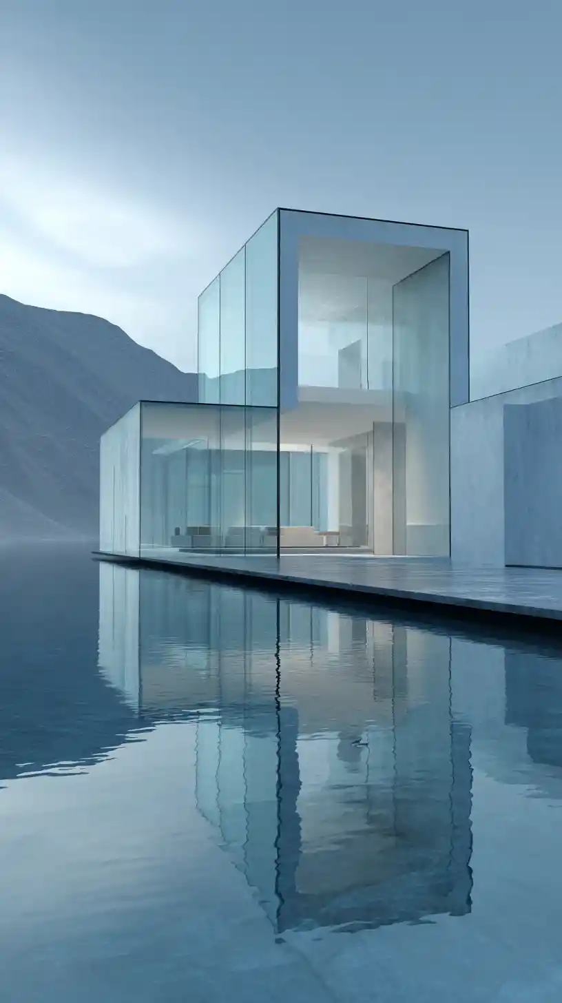 Modern glass water house with bold geometric lines