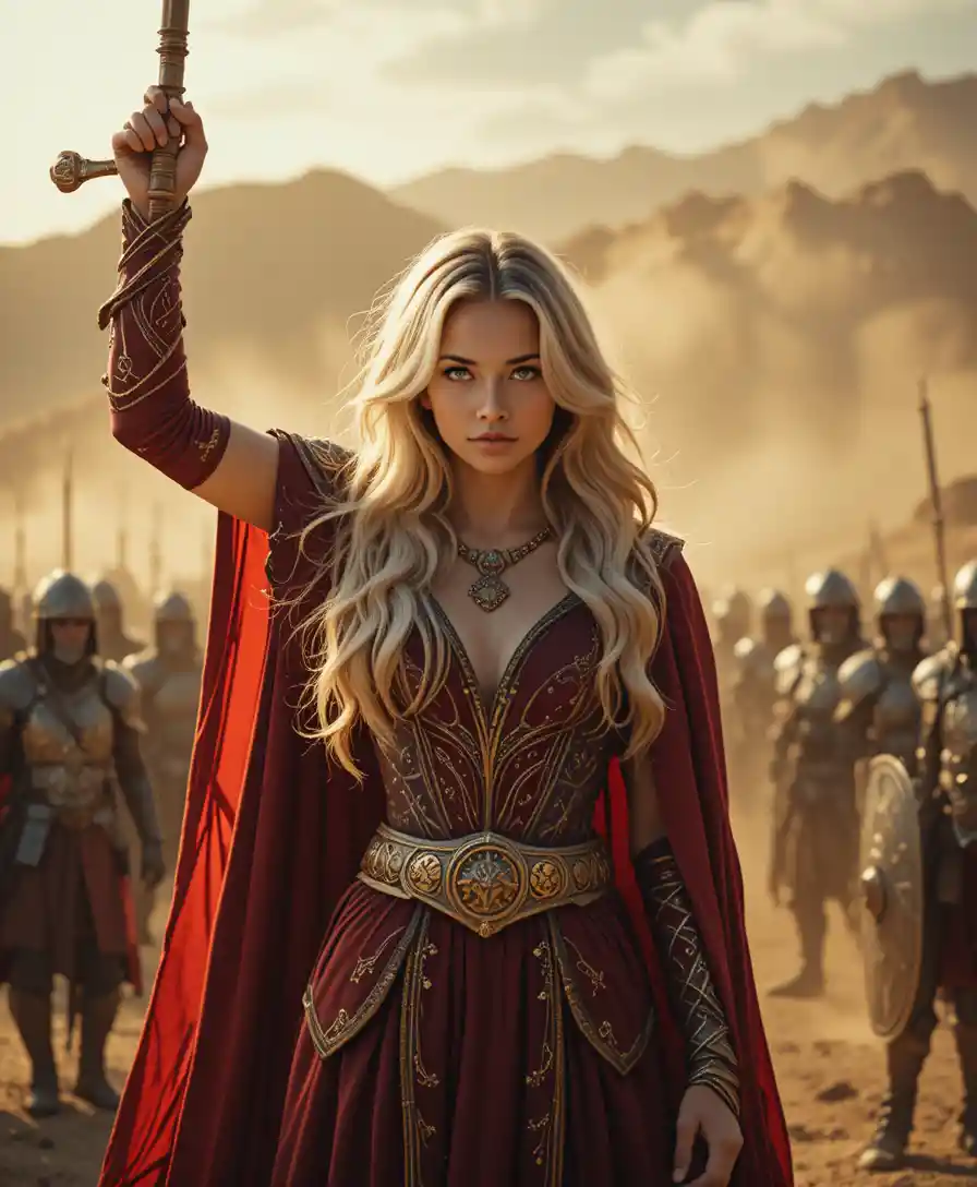 Regina fantasy che alza una spada dorata in una battaglia nel deserto
