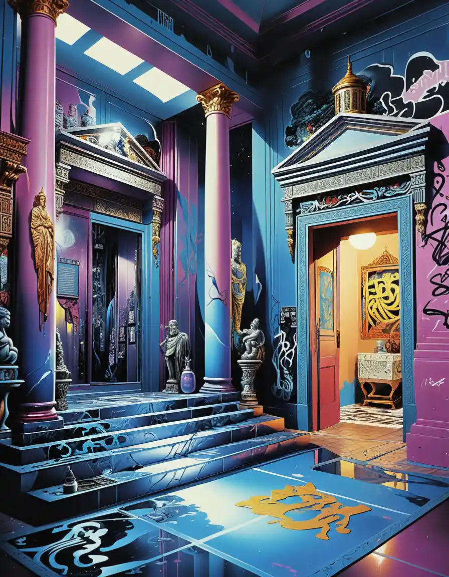 Diorama de interior de templo grego fantástico com luz neon