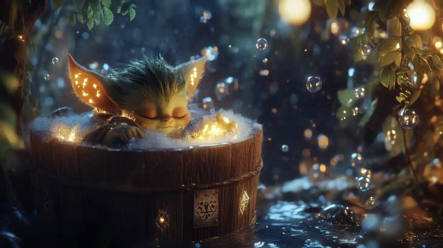 Mystical baby goblin bathing in an enchanted winter forest