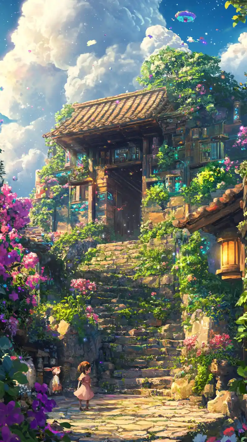 Charming traditional waterfall house with kids on stone steps