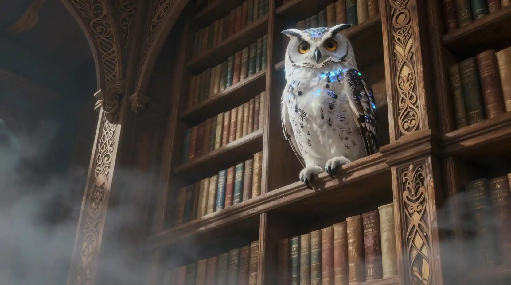Coruja mística em uma antiga biblioteca de livros brilhantes