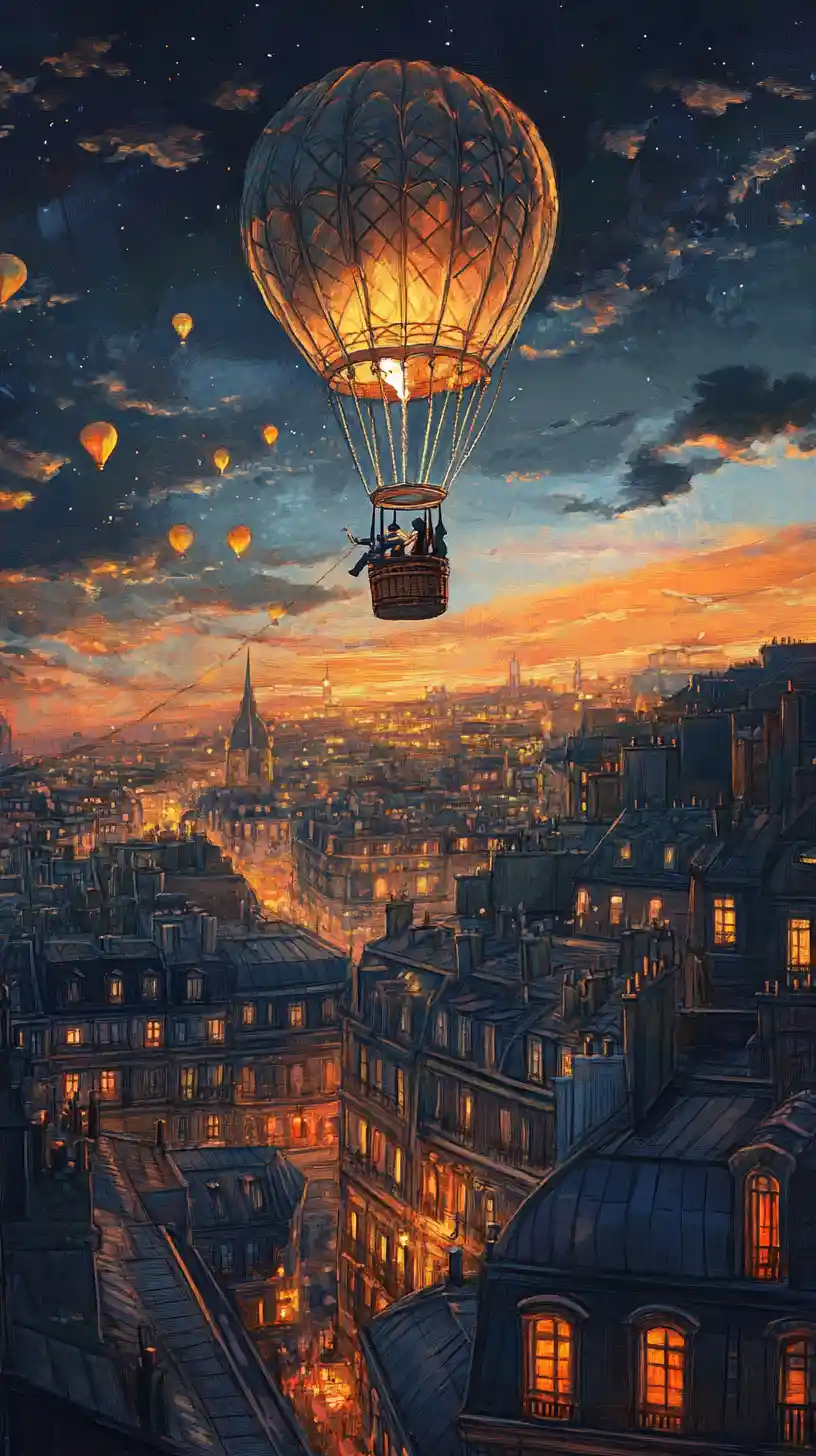 Man Climbing To Hot Air Balloon Above Evening City