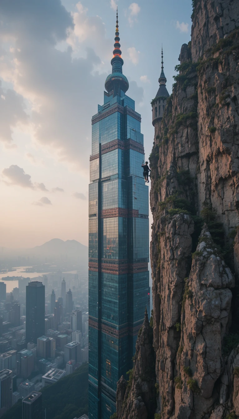 Arrampicatore in free solo che scala il grattacielo Taipei 101