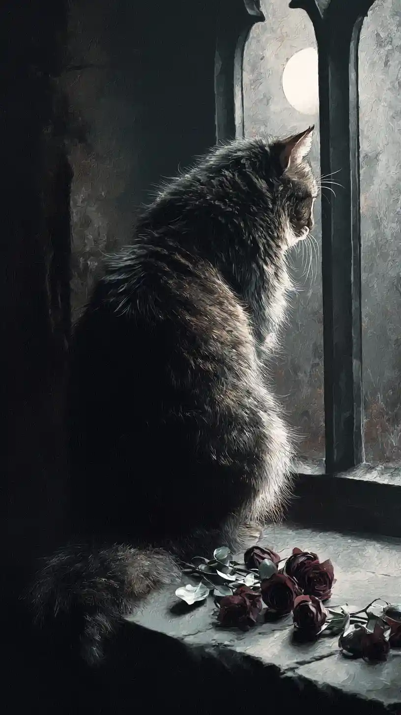 Shaggy Cat On Gothic Windowsill Overlooking Moonlit Wasteland