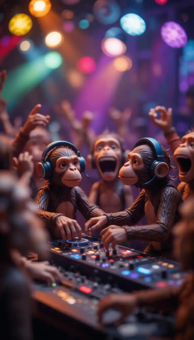 Mini-singes jouets faisant les DJ sous des lumières de discothèque colorées