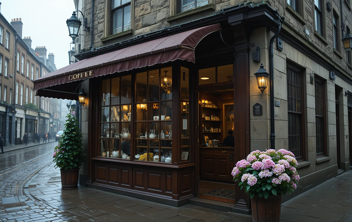 Rainy city street corner with a historic coffee shop