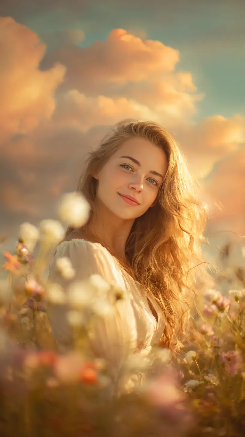 金色夕陽下花田中的寧靜少女