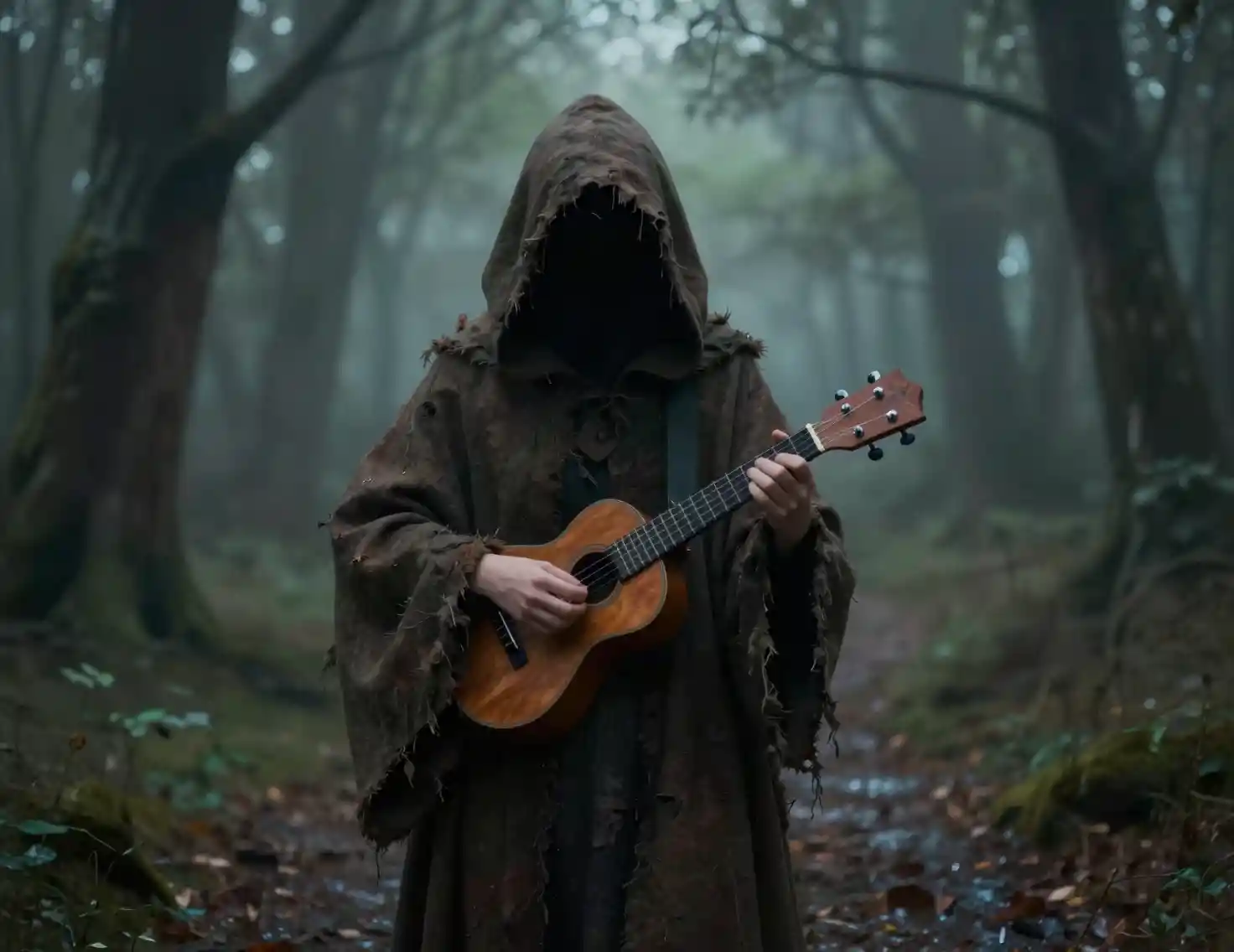 Figura incappucciata che suona l’ukulele in una foresta oscura e nebbiosa