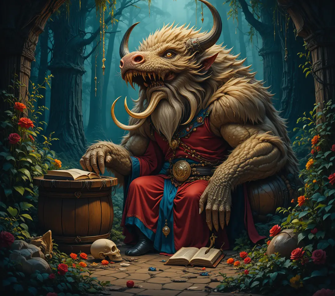 Old wizard at lectern surrounded by arcane creatures