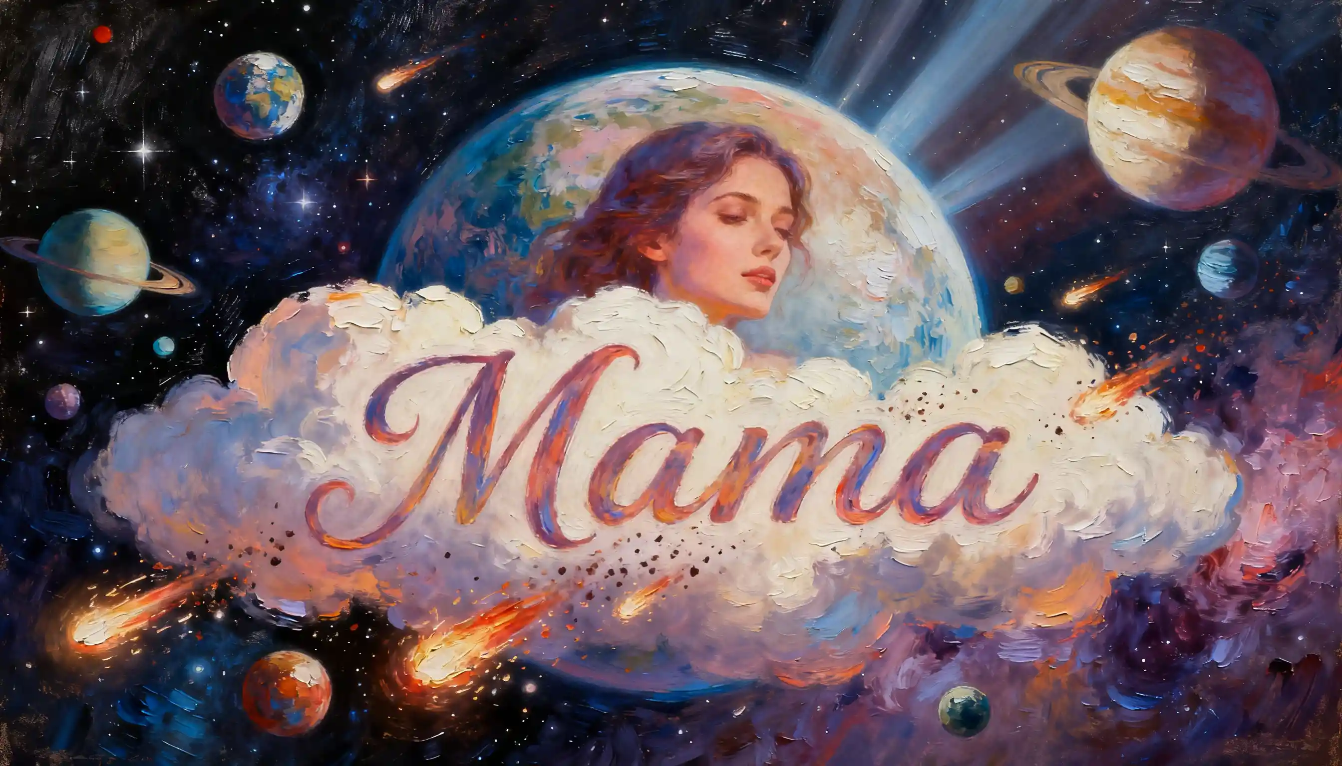 Visão cósmica com planetas e o rosto de uma mulher como um mundo