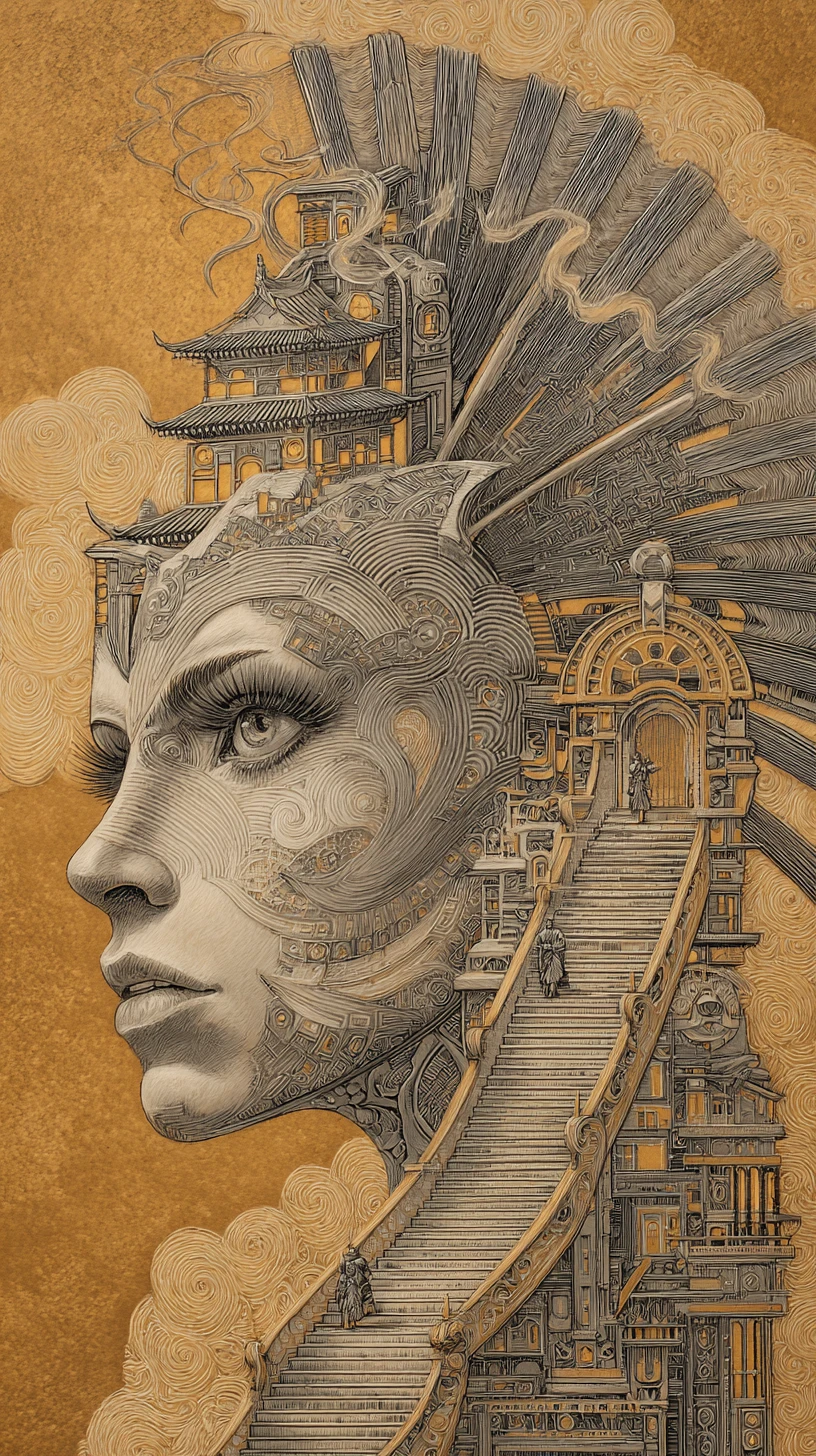 Surreales tätowiertes Frauengesicht, verschmolzen mit kunstvoller Pagode
