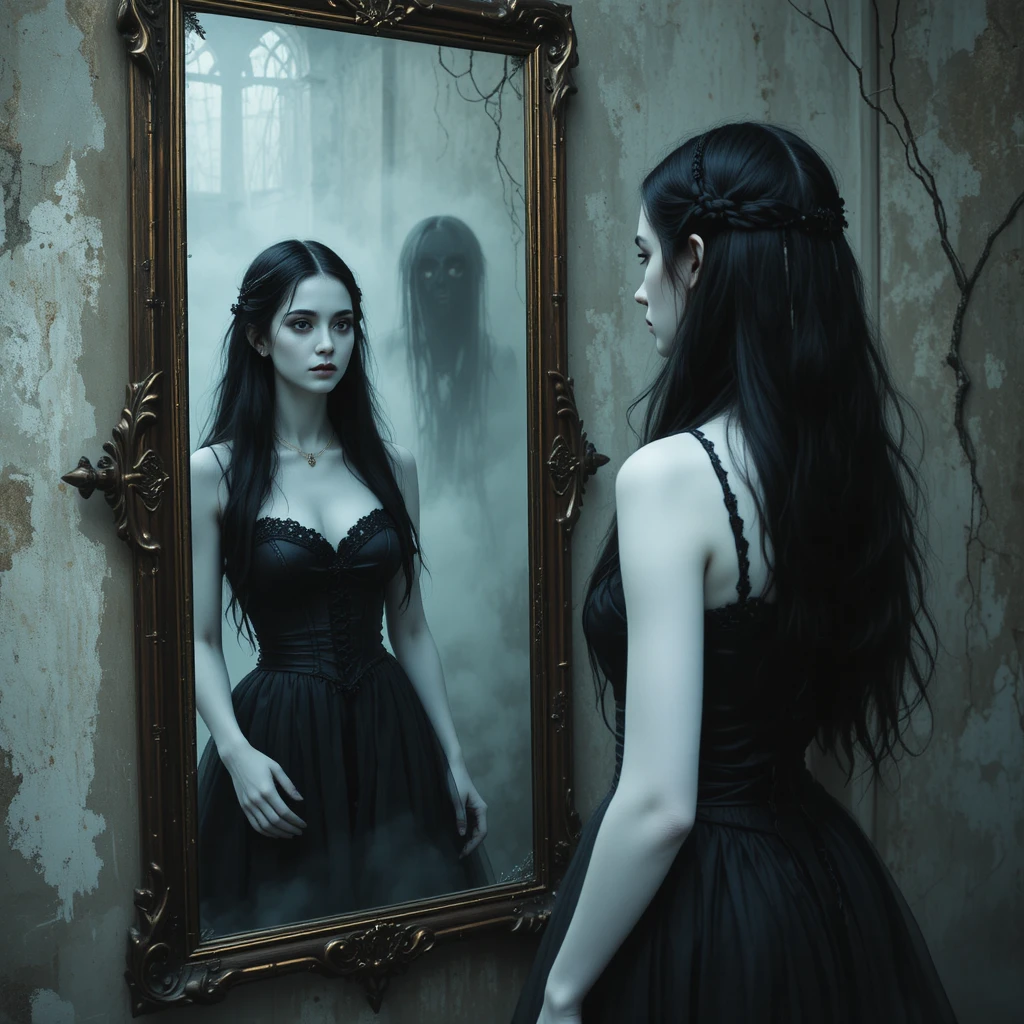 Gothic-Frau, die im impressionistischen Stil in einen Spiegel blickt