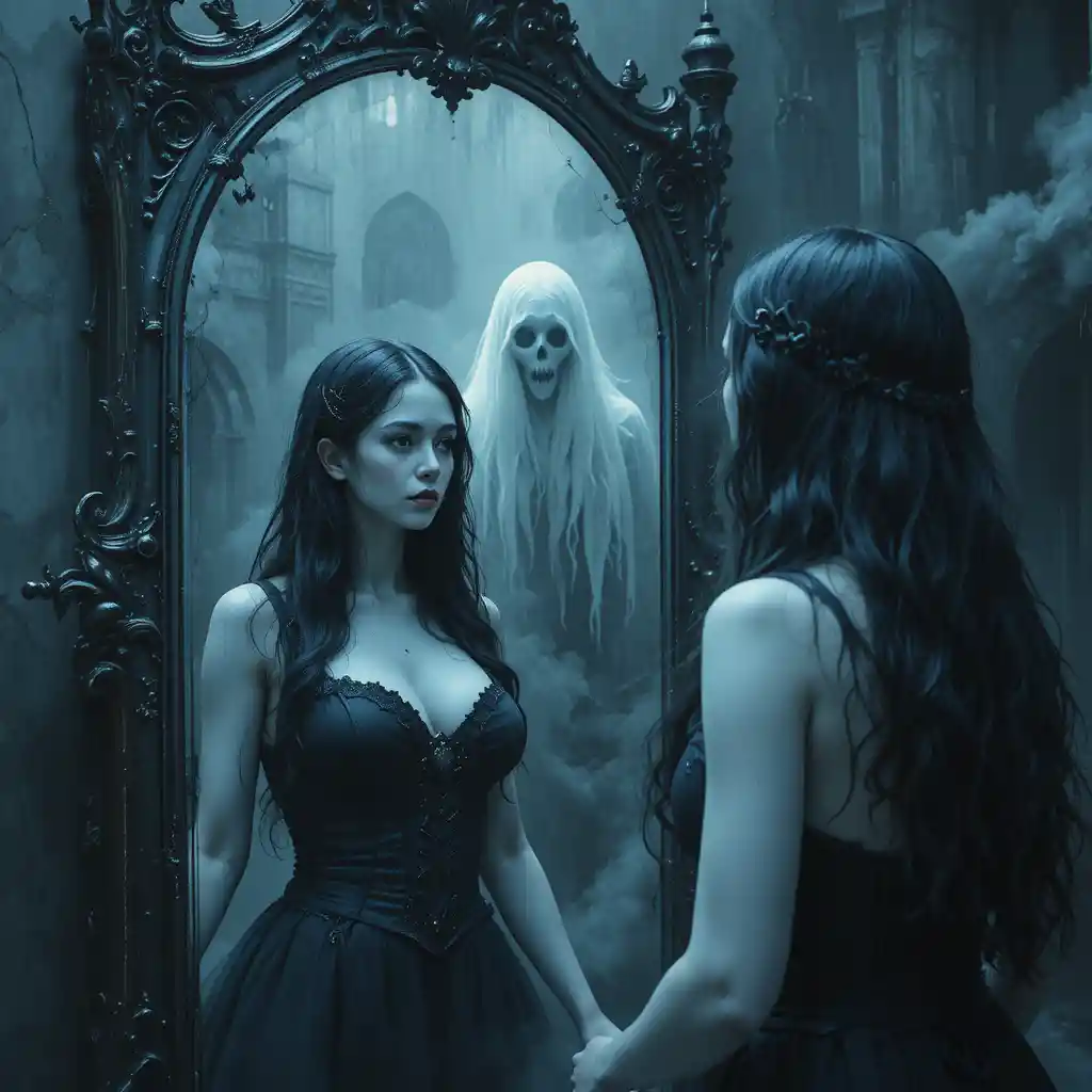 Gothic woman in black dress gazing into large mirror