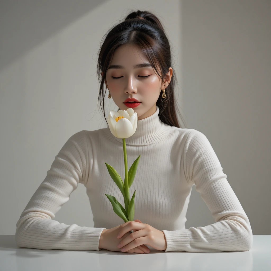 Donna coreana che bacia un tulipano bianco in controluce in studio