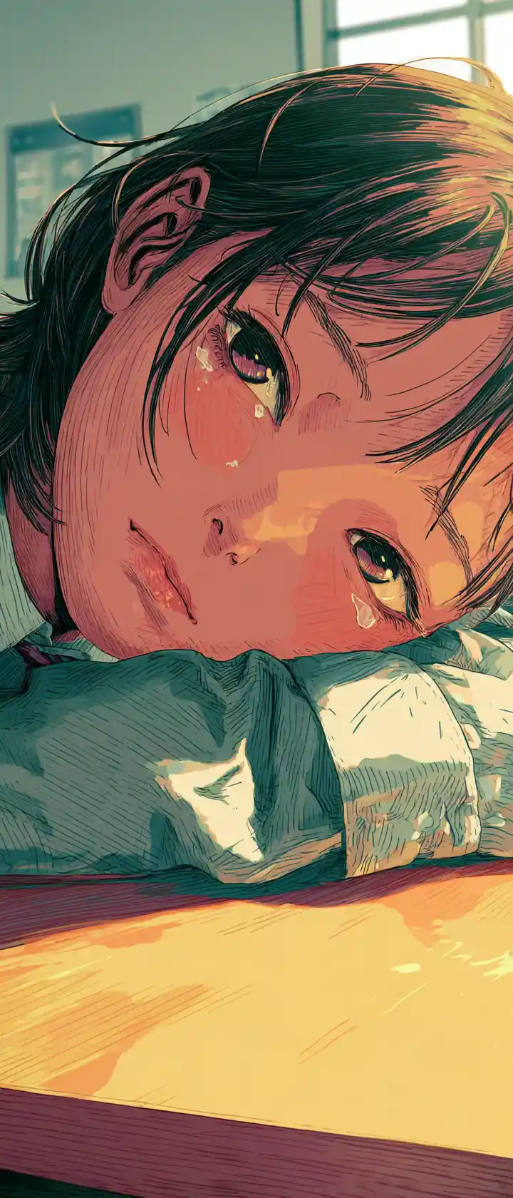 Anime girl resting on a school desk in fading light