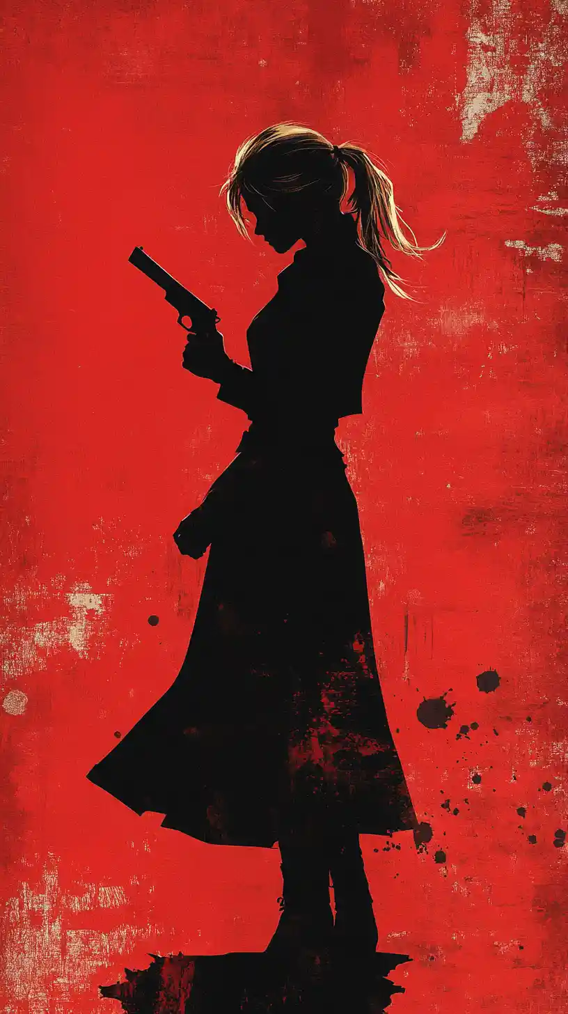 Silhouetted girl with pistol on red graphic background