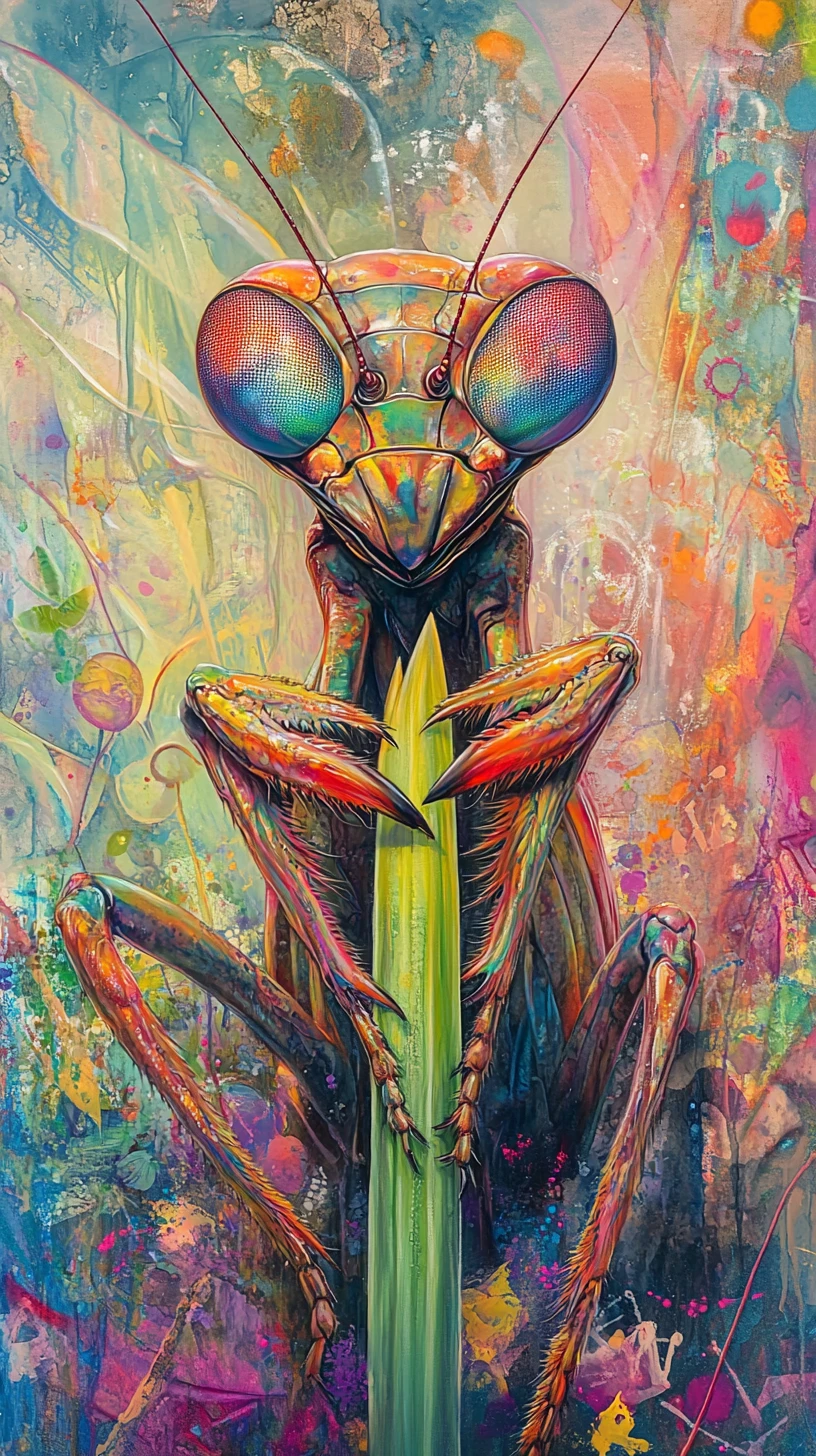 Surreal mantis on grass in swirling psychedelic colors