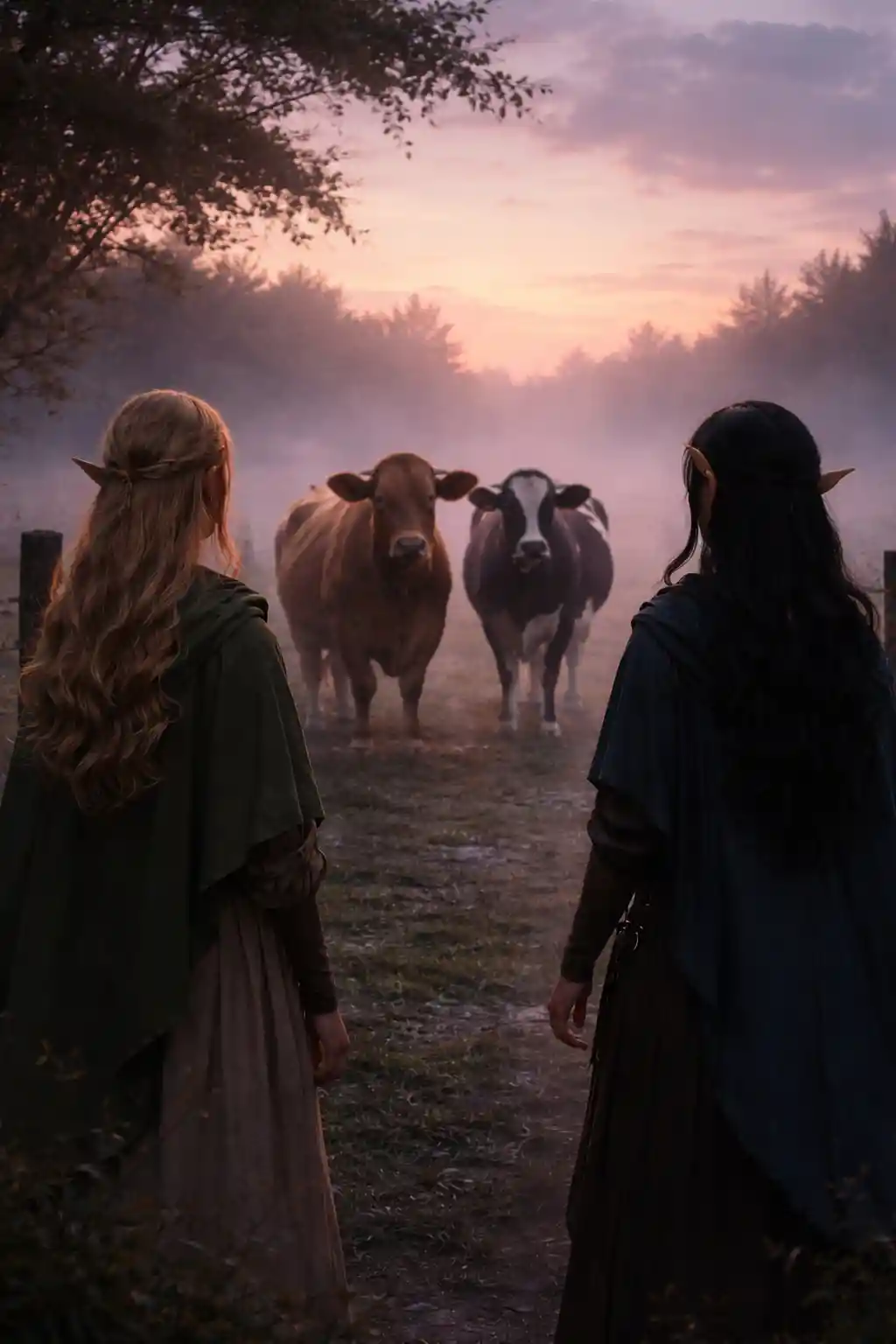 Due ragazze camminano in un paddock buio all'alba