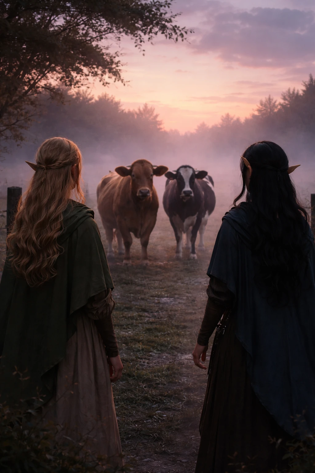Duas meninas caminham por um pasto escuro ao amanhecer