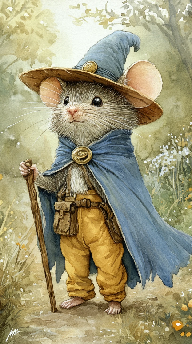 Rato viajante em aquarela caminhando pelo campo verde