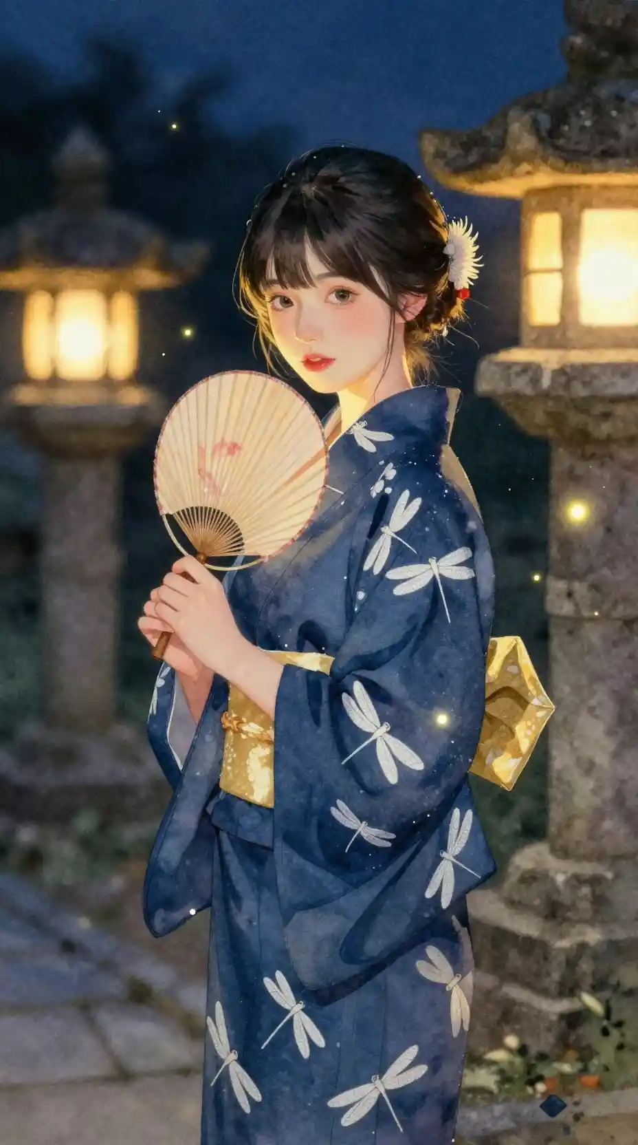 Girl in indigo yukata under lantern light at night