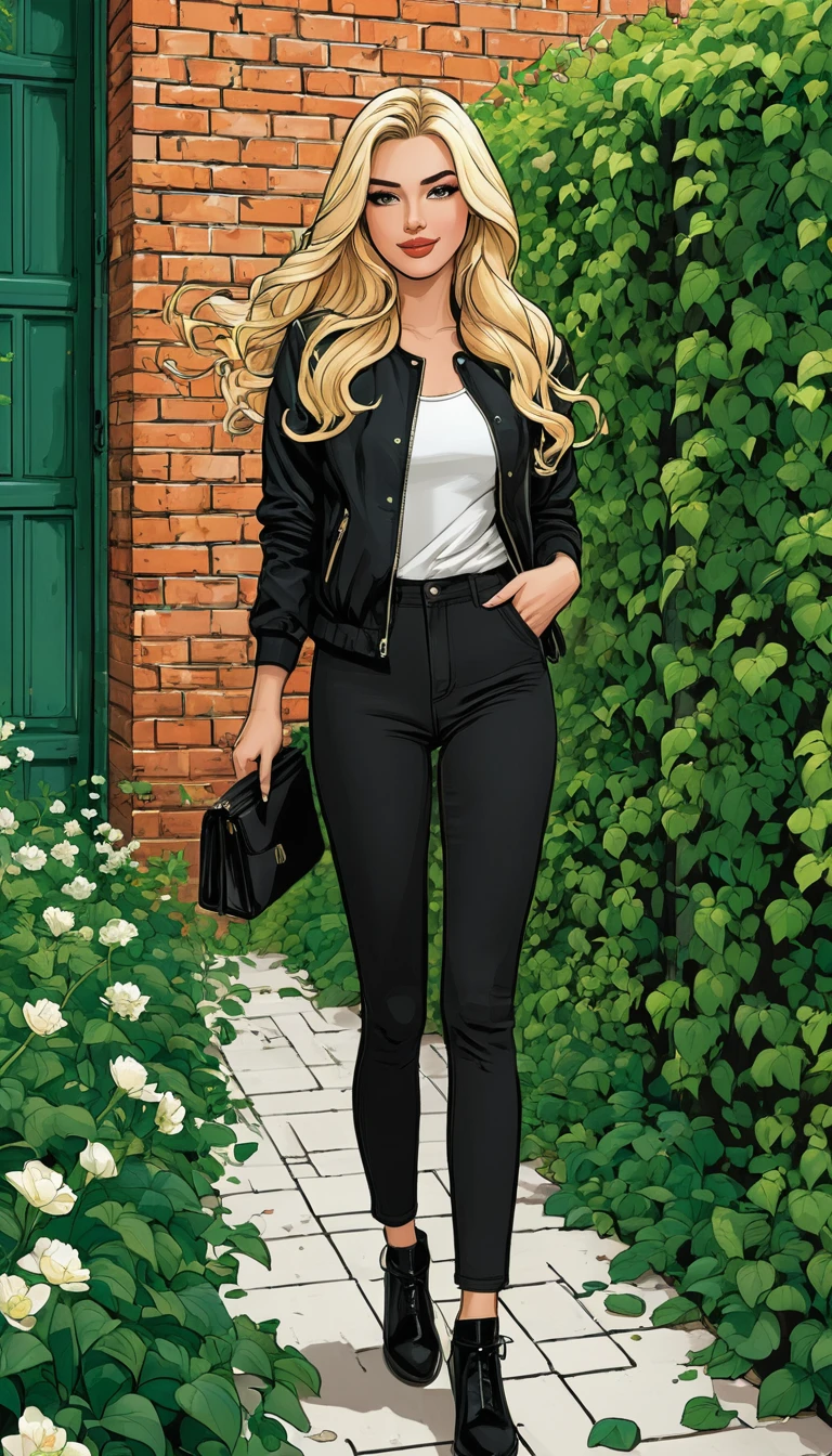 Stylish blonde woman posing by vine covered brick wall