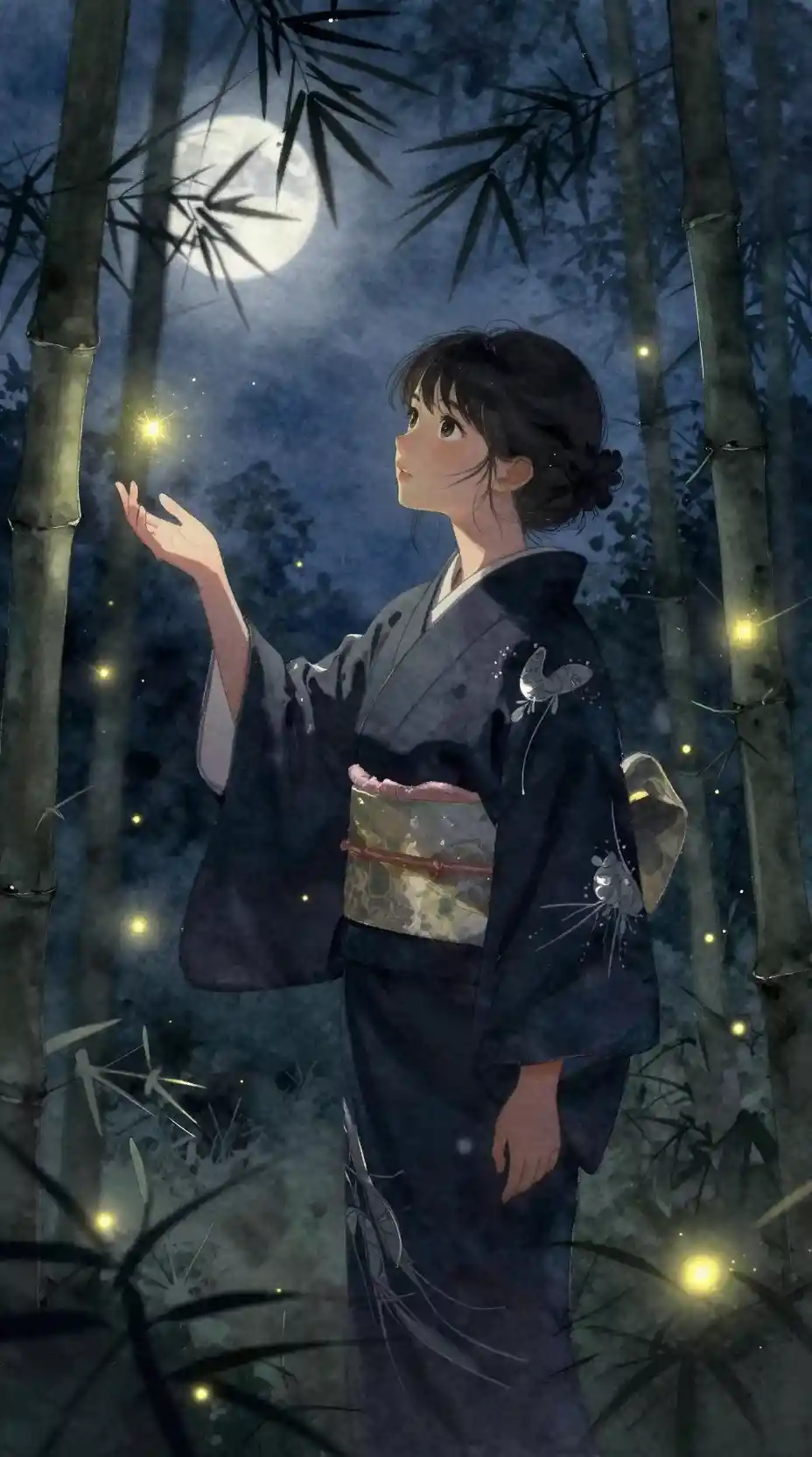 Chica con kimono azul marino entre luciérnagas en una noche de bambú