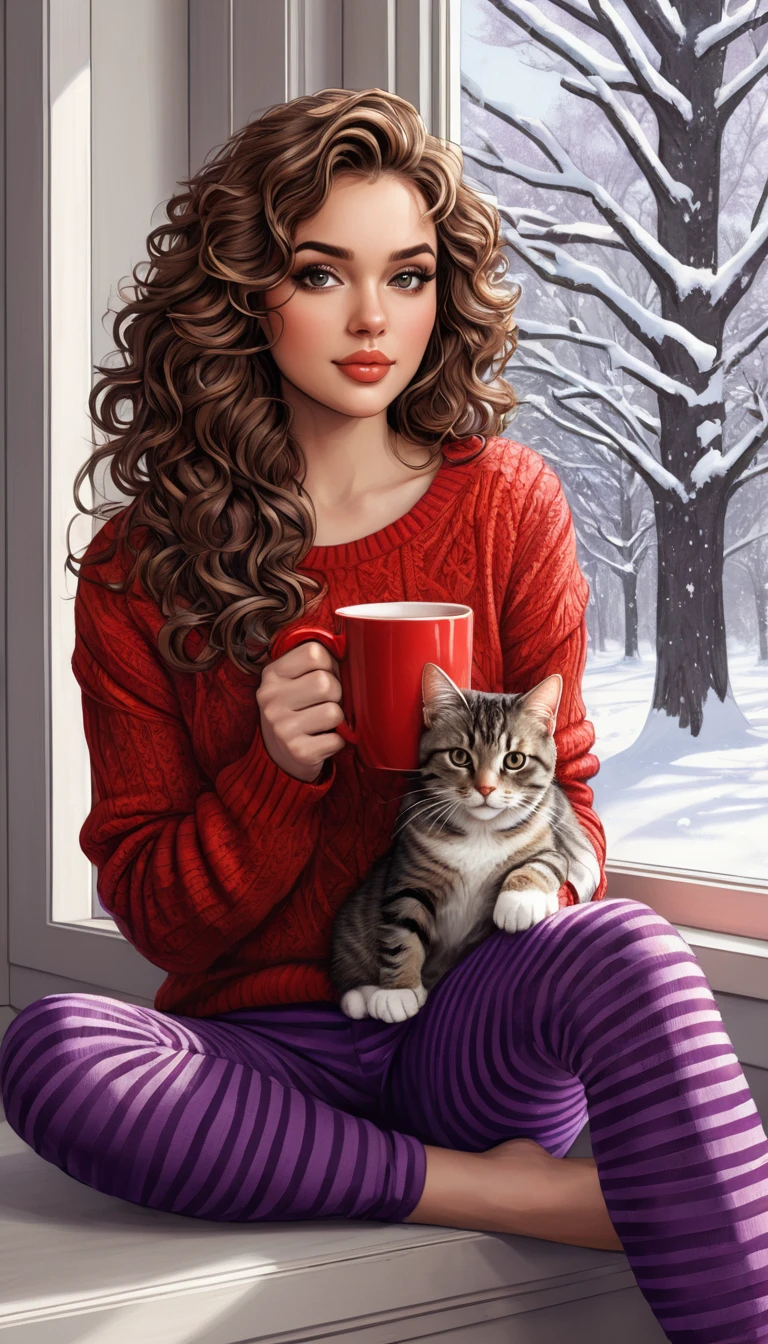Femme avec un chat près de la fenêtre tenant une tasse rouge