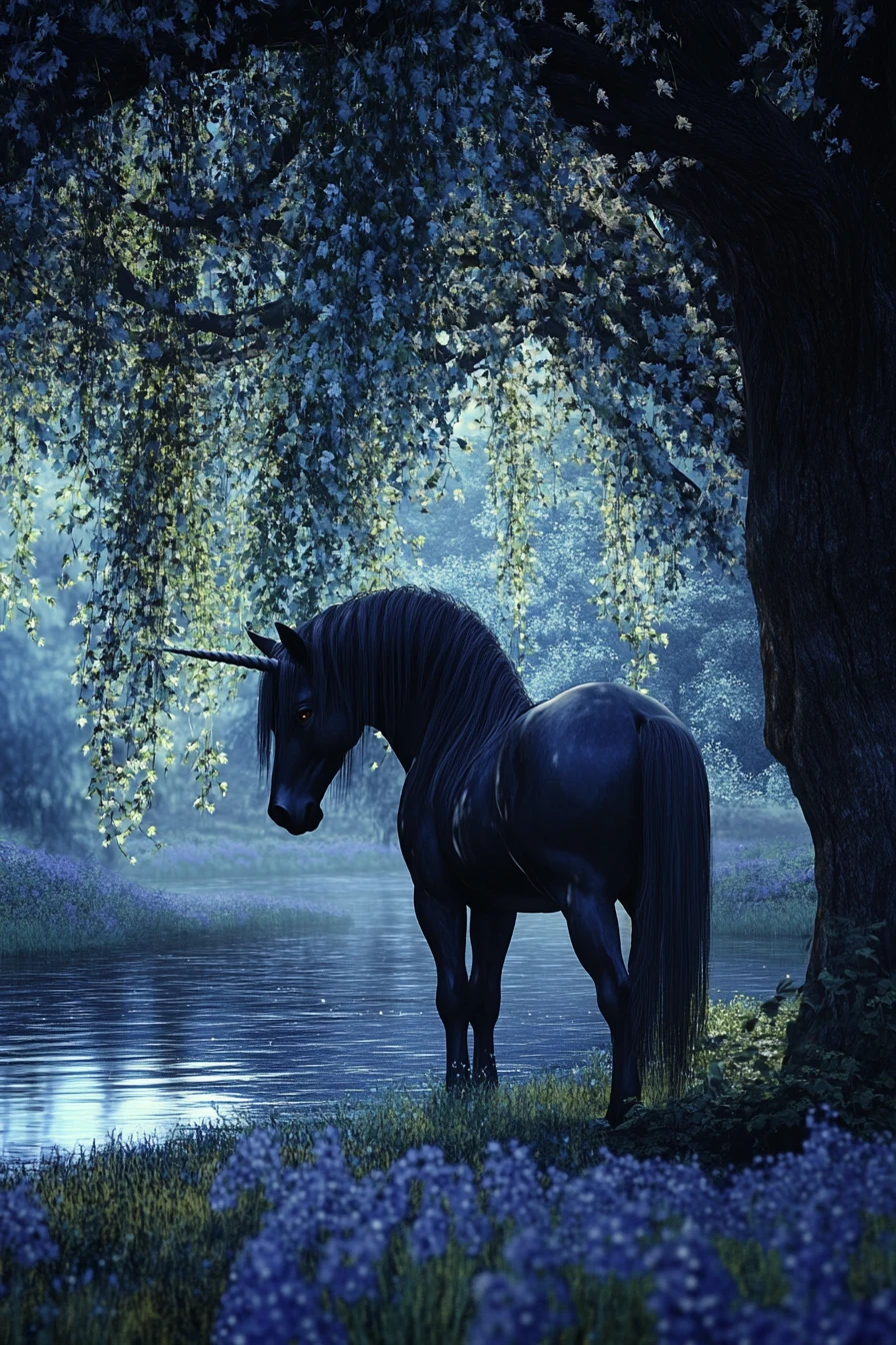 Unicorno nero che emerge dalle ombre su una luminosa riva del fiume